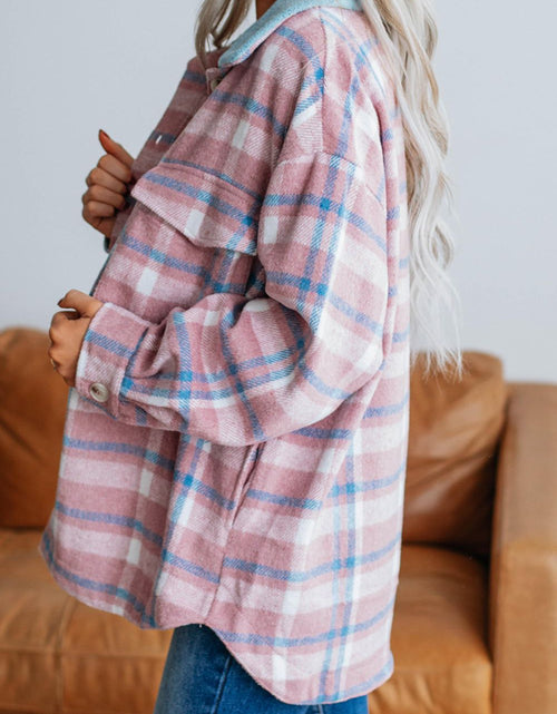 Load image into Gallery viewer, Plaid Collared Neck Flap Pockets Shacket
