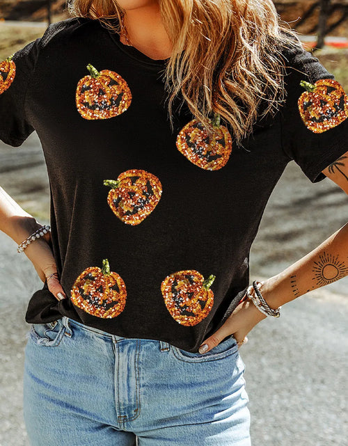 Load image into Gallery viewer, Sequin Pumpkin Round Neck Short Sleeve T-Shirt
