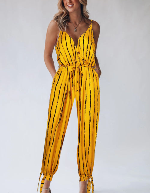 Load image into Gallery viewer, Striped Contrast Tie Ankle Spaghetti Strap Jumpsuit
