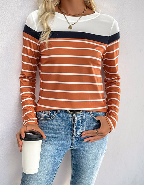 Load image into Gallery viewer, Perfee Contrast Striped Round Neck Long Sleeve T-Shirt
