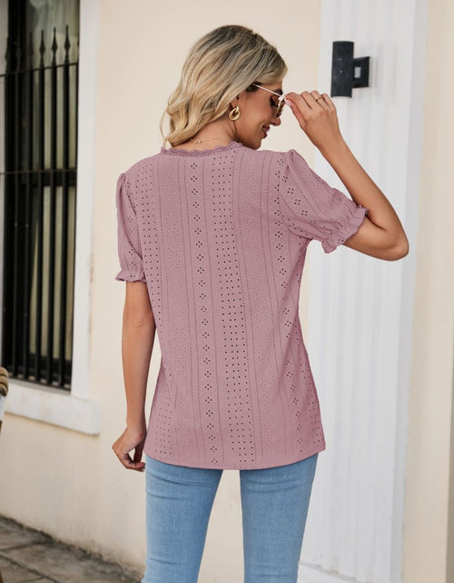 Load image into Gallery viewer, Eyelet Flounce Sleeve Scalloped V-Neck Top
