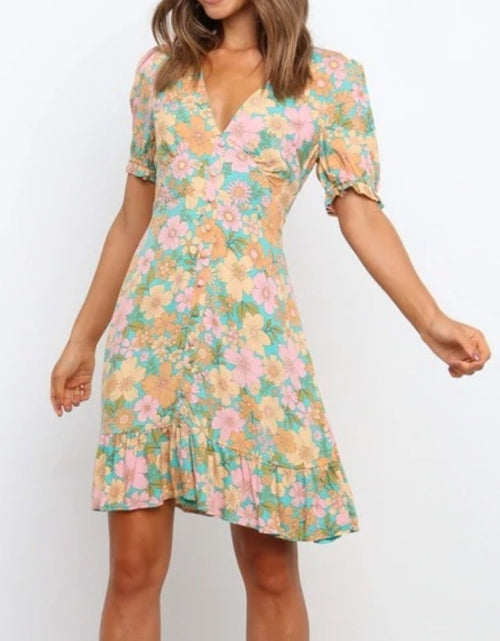 Load image into Gallery viewer, Ruffled Hem Printed Short Sleeve Mini Dress
