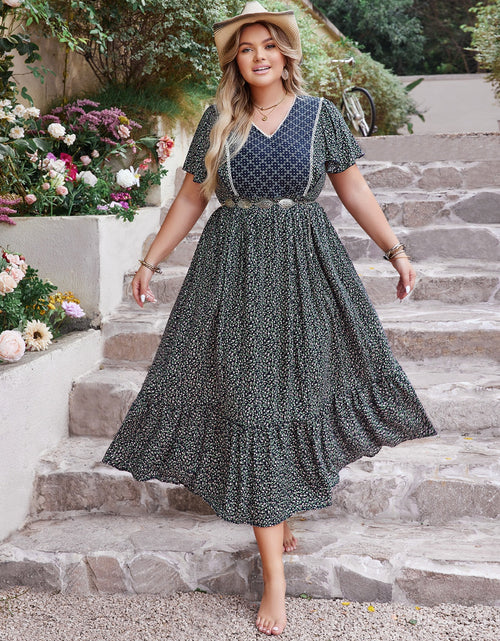 Load image into Gallery viewer, Plus Size Printed V-Neck Flutter Sleeve Midi Dress
