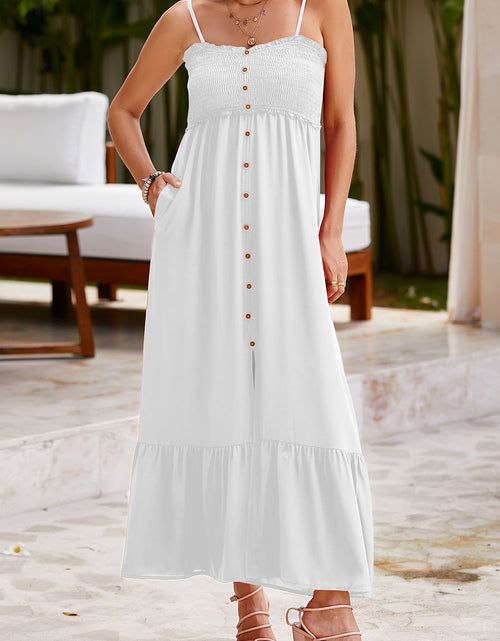 Load image into Gallery viewer, Smocked Spaghetti Strap Ruffle Hem Dress
