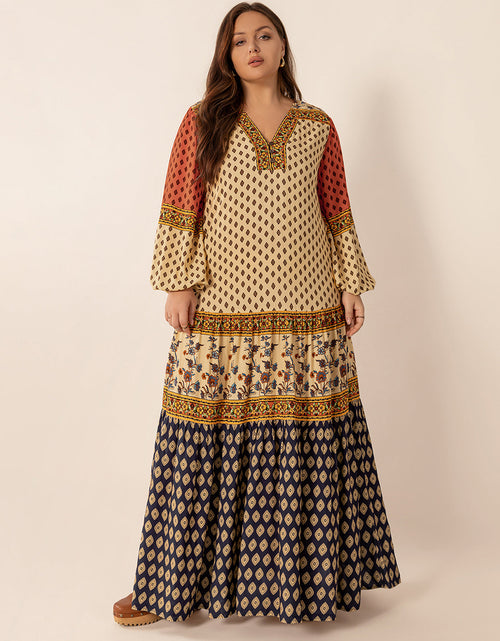 Load image into Gallery viewer, Plus Size Printed V-Neck Long Sleeve Maxi Dress
