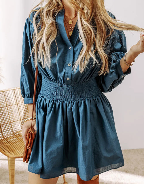 Load image into Gallery viewer, Smocked Half Button Three-Quarter Sleeve Mini Dress
