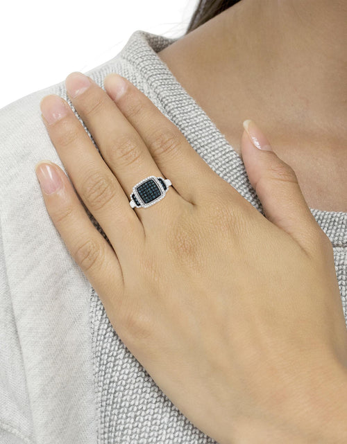 Load image into Gallery viewer, Black Rhodium Plated .925 Sterling Silver 1/2 Cttw White &amp; Blue Diamond Square Halo Cocktail Ring (Fancy Blue &amp; H-I Color, I2-I3 Clarity) by Infinite Jewels
