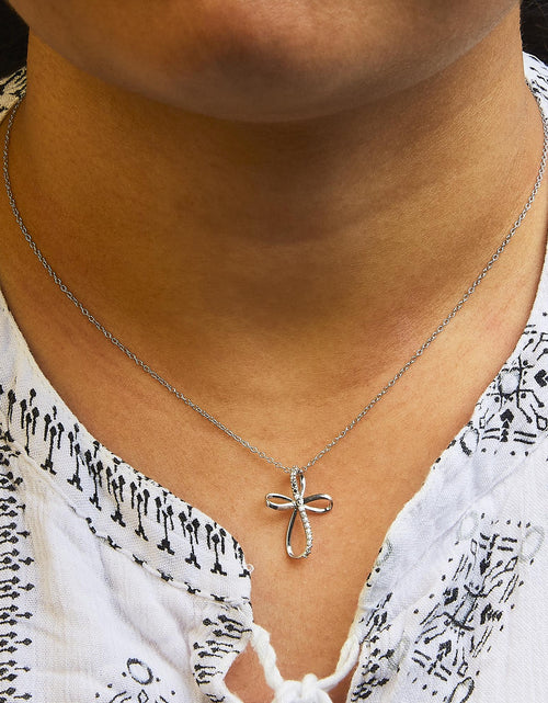 Load image into Gallery viewer, .925 Sterling Silver Diamond Accent Cross Ribbon 18" Pendant Necklace (I-J Color, I2-I3 Clarity) by Haus of Brilliance
