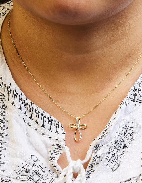 Load image into Gallery viewer, .925 Sterling Silver Diamond Accent Cross Ribbon 18" Pendant Necklace (I-J Color, I2-I3 Clarity) by Haus of Brilliance
