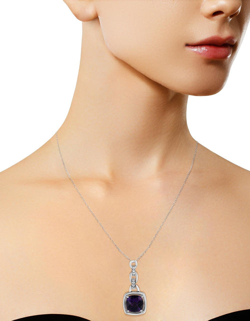 Load image into Gallery viewer, .925 Sterling Silver 6x6MM Cushion Shaped Natural Purple Amethyst and Diamond Accented Bale 18" Inch Pendant Necklace (I-J Color, I1-I2 Clarity) by Infinite Jewels

