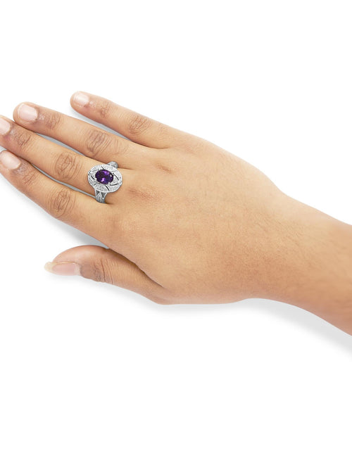 Load image into Gallery viewer, .925 Sterling Silver 9x7mm Oval Purple Amethyst and Round Diamond Accent Fashion Cocktail Ring (I-J Color, I1-I2 Clarity) by Haus of Brilliance
