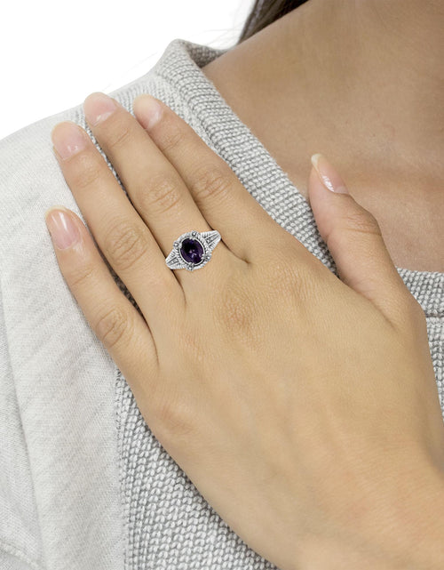 Load image into Gallery viewer, .925 Sterling Silver Prong Set Natural Oval Shape 9X7 MM Purple Amethyst Solitaire and Diamond Accent Ring (I-J Color, I1-I2 Clarity) by Infinite Jewels

