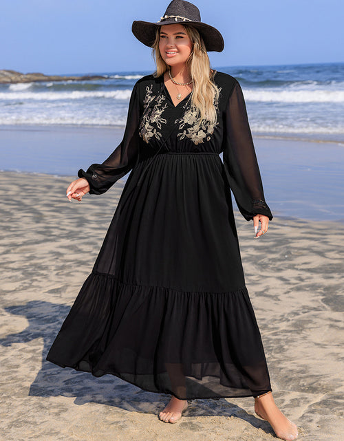 Load image into Gallery viewer, Plus Size Embroidered Tie Neck Long Sleeve Dress
