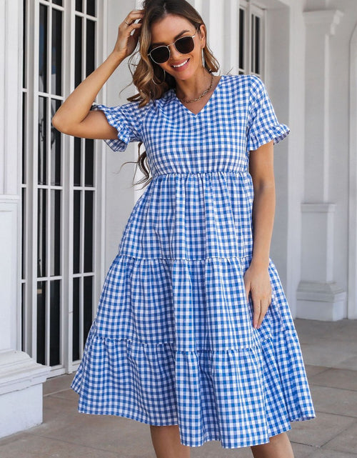 Load image into Gallery viewer, Plaid V-Neck Short Sleeve Midi Dress
