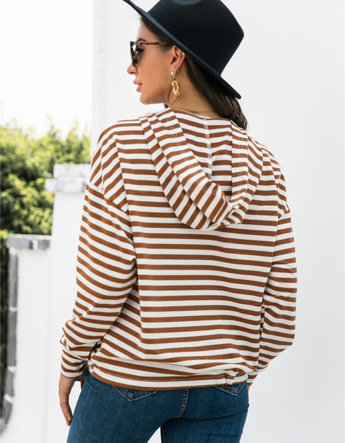 Load image into Gallery viewer, Striped Half-Button Dropped Shoulder Hoodie
