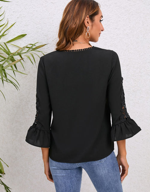 Load image into Gallery viewer, V-Neck Lace Detail Flounce Sleeve Blouse
