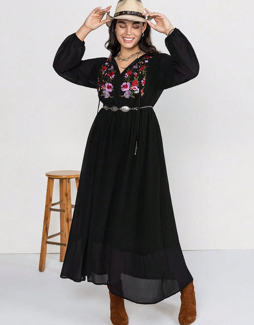 Load image into Gallery viewer, Plus Size Embroidered Tie Neck Long Sleeve Dress

