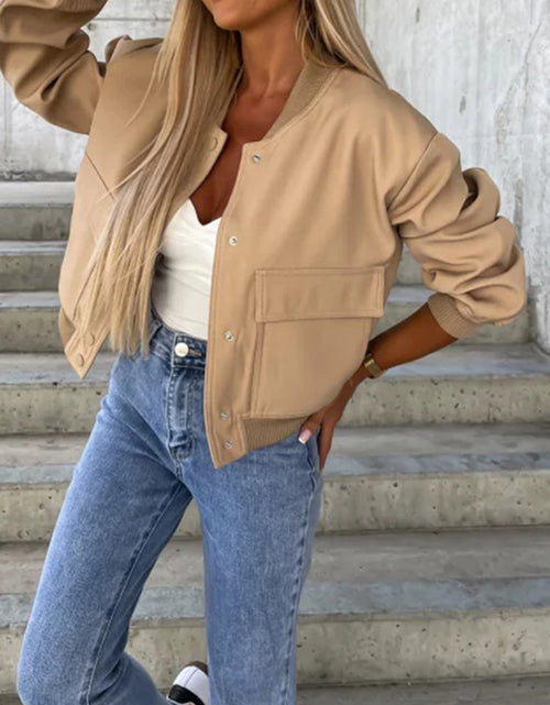 Load image into Gallery viewer, Baseball Collar Dropped Shoulder Jacket
