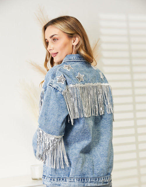 Load image into Gallery viewer, Fringe Detail Long Sleeve Denim Jacket
