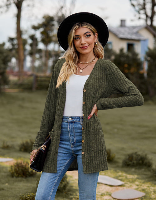 Load image into Gallery viewer, Ribbed Button-Up Cardigan with Pockets
