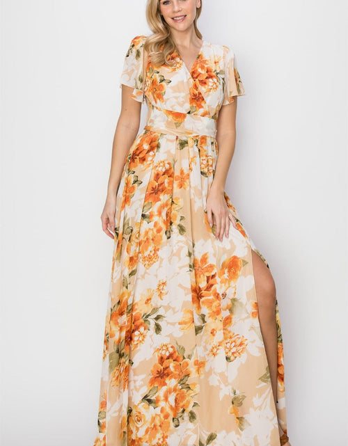 Load image into Gallery viewer, HYFVE Floral Tie Back Short Sleeve Slit Maxi Dress
