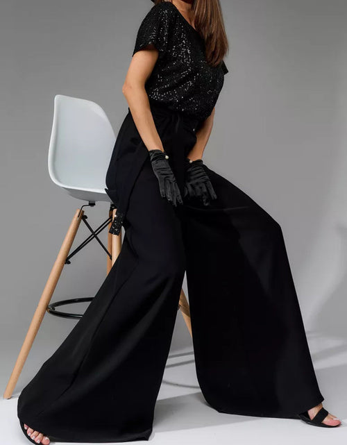 Load image into Gallery viewer, Full Size Sequin Round Neck Short Sleeve Wide Leg Jumpsuit
