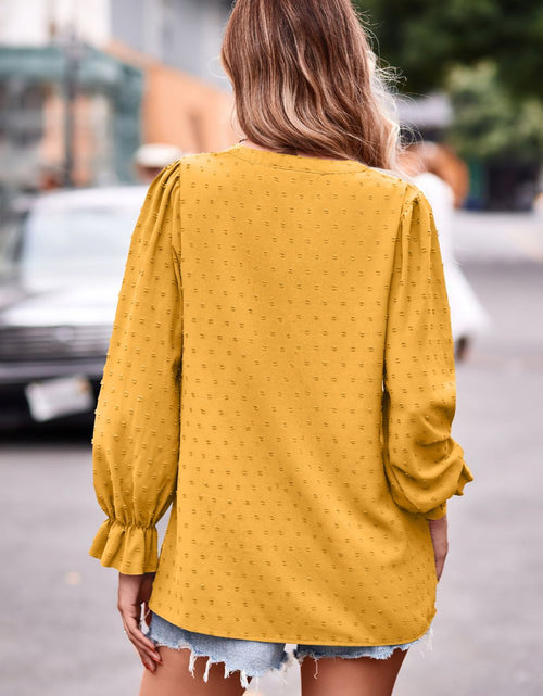 Load image into Gallery viewer, Swiss Dot Notched Neck Flounce Sleeve Blouse
