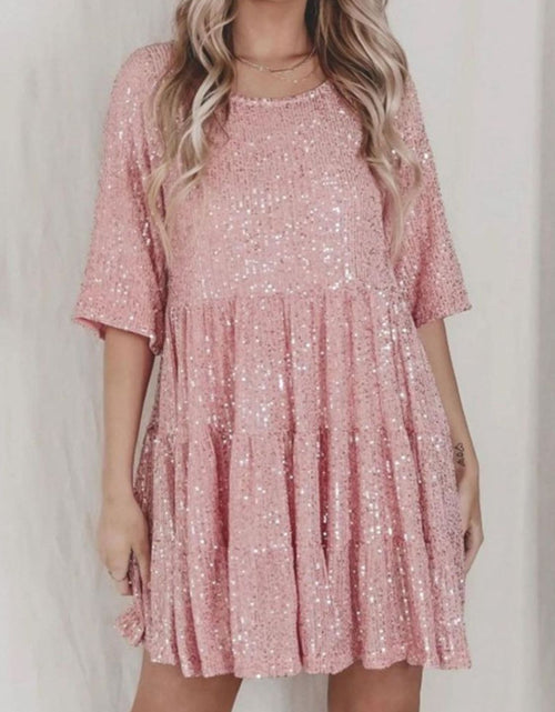 Load image into Gallery viewer, Sequin Round Neck Half Sleeve Mini Dress
