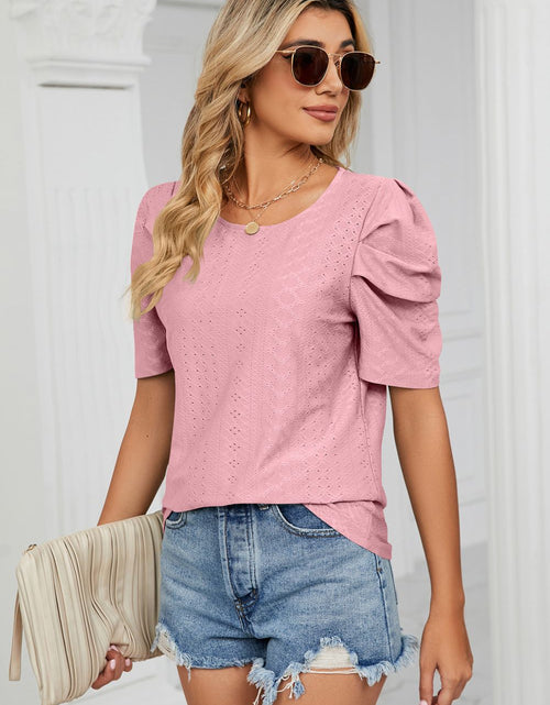Load image into Gallery viewer, Eyelet Puff Sleeve Round Neck Blouse
