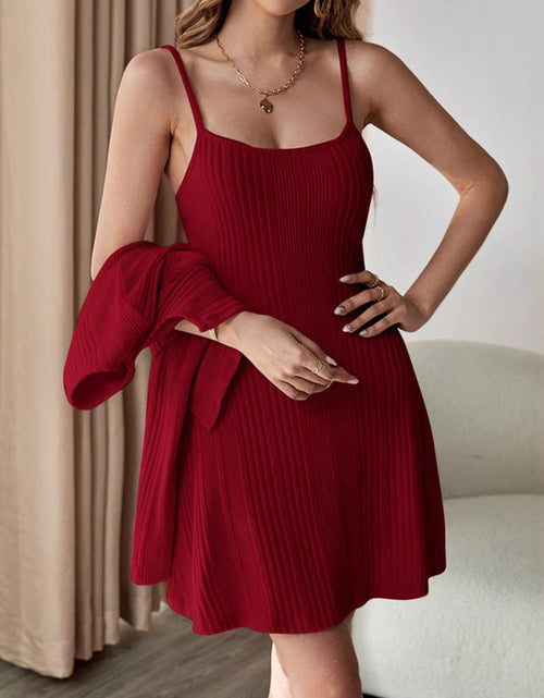 Load image into Gallery viewer, Ribbed Long Sleeve Cropped Cardigan and Cami Dress Set
