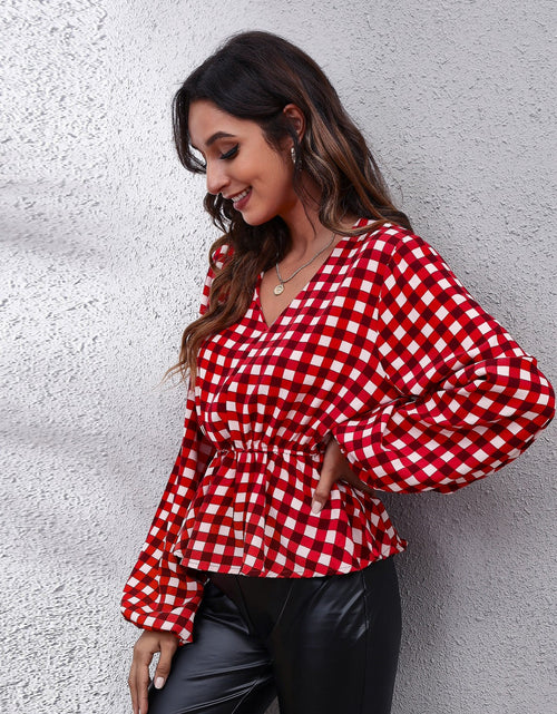 Load image into Gallery viewer, Plaid V-Neck Balloon Sleeve Peplum Blouse

