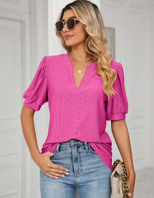Load image into Gallery viewer, Florira Eyelet Notched Short Sleeve T-Shirt
