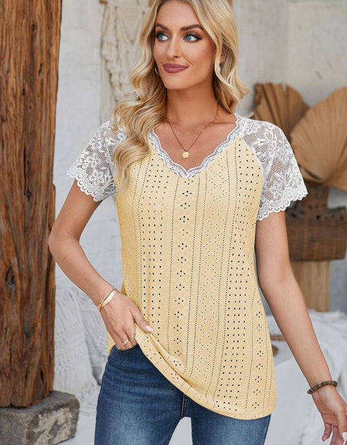 Load image into Gallery viewer, Eyelet V-Neck Lace Short Sleeve T-Shirt
