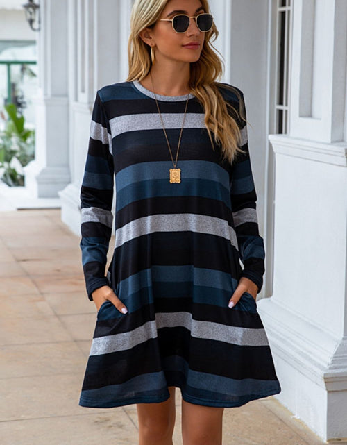 Load image into Gallery viewer, Striped Round Neck Long Sleeve Dress
