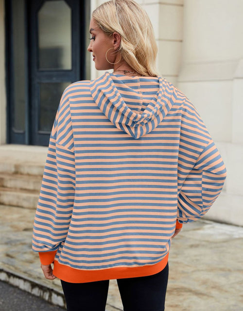 Load image into Gallery viewer, Drawstring Contrast Striped Long Sleeve Hoodie
