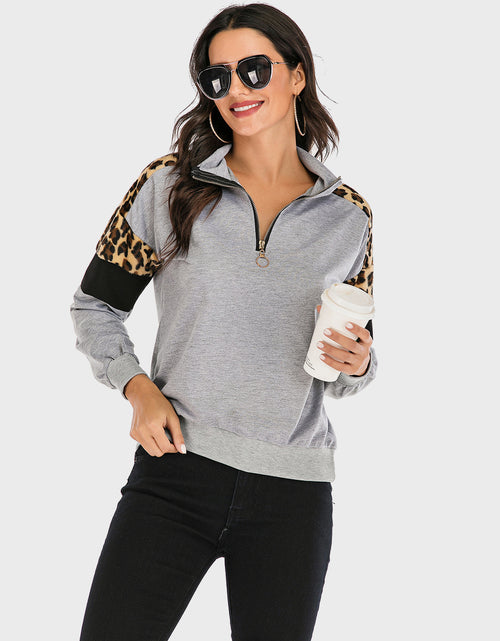 Load image into Gallery viewer, Perfee Contrast Leopard Half Zip Long Sleeve Sweatshirt
