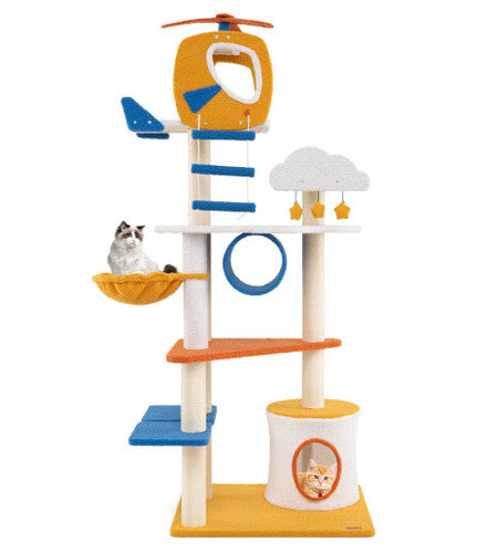 70 Inch Tall Aviation-themed Cat Tree with Helicopter Top Perch and Platforms-Yellow