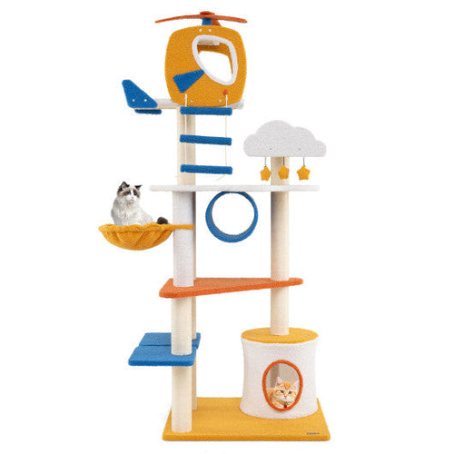 Load image into Gallery viewer, 70 Inch Tall Aviation-themed Cat Tree with Helicopter Top Perch and Platforms-Yellow
