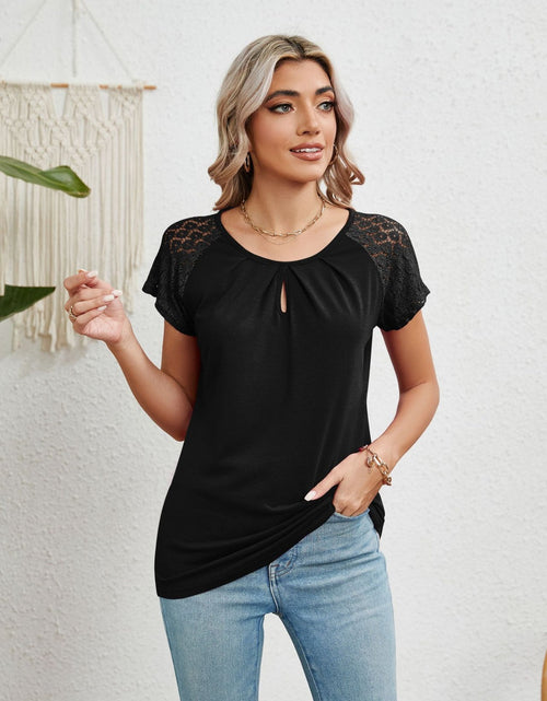 Load image into Gallery viewer, Lace Detail Round Neck Short Sleeve T-Shirt
