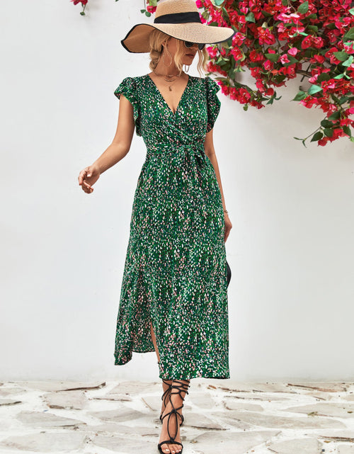 Load image into Gallery viewer, Printed Surplice Neck Flutter Sleeve Slit Dress
