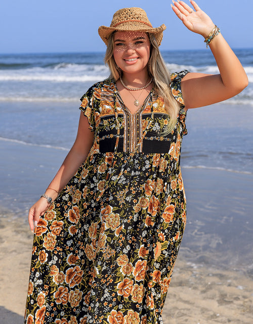 Load image into Gallery viewer, Plus Size Printed V-Neck Ruffle Cap Sleeve Maxi Dress
