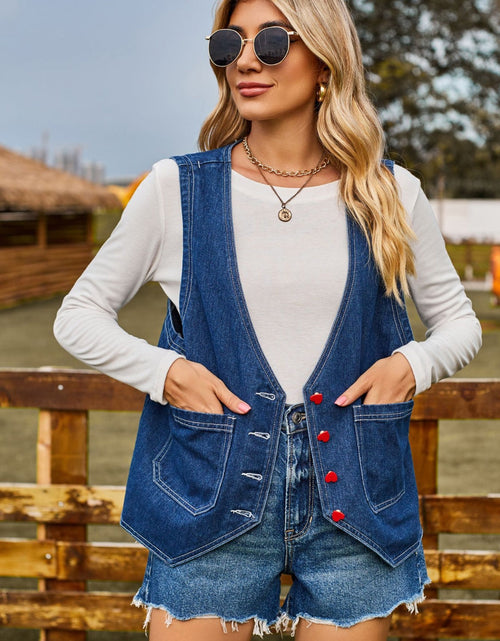 Load image into Gallery viewer, Pocketed Button Up Sleeveless Denim Jacket

