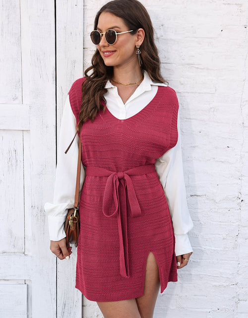 Load image into Gallery viewer, Tie Front V-Neck Sleeveless Slit Sweater Dress
