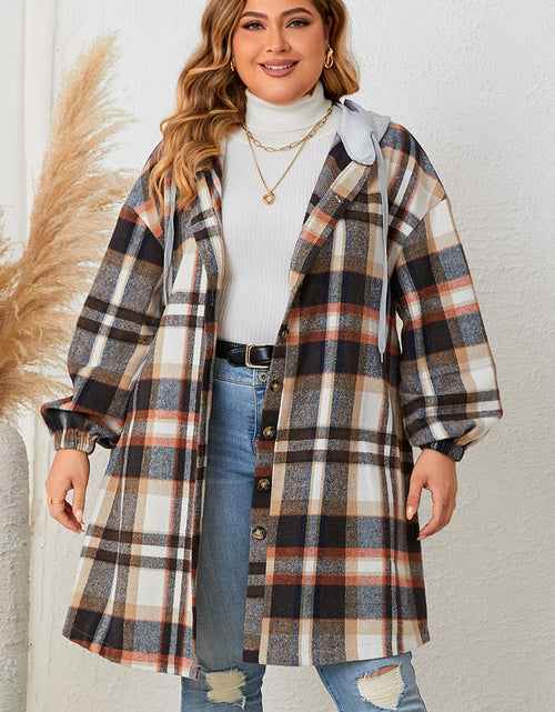 Load image into Gallery viewer, Honey Plus Size Plaid Drop Shoulder Hooded Coat
