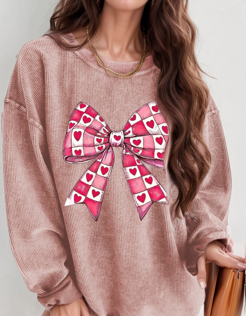 Load image into Gallery viewer, Valentine’s Day Bow Drop Shoulder Long Sleeve Sweatshirt
