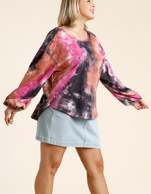 Load image into Gallery viewer, Umgee Full Size Tie Dye Round Neck Long Balloon Sleeve Top Plus Size
