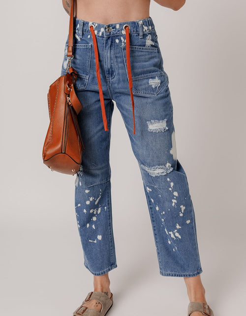 Load image into Gallery viewer, Distressed Splattering Paint Rope Waist Cropped Straight Jeans
