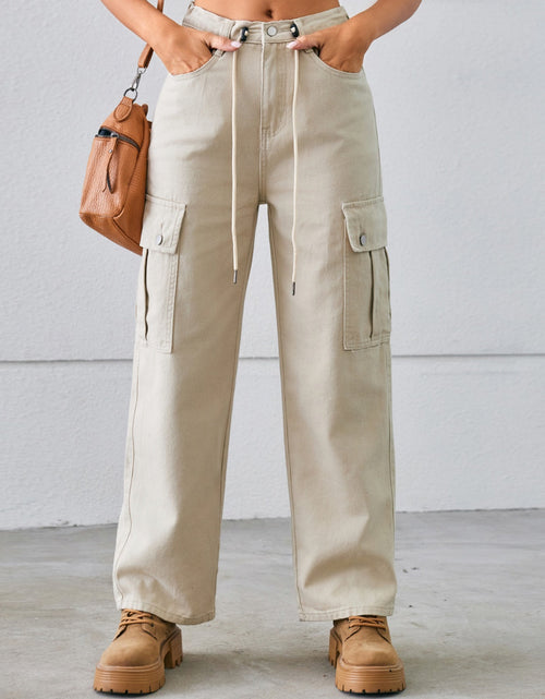 Load image into Gallery viewer, Drawstring Mid-Rise Waist Straight Cargo Jeans
