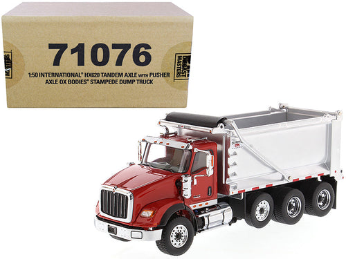 Load image into Gallery viewer, International HX620 Tandem Axle with Pusher Axle OX Stampede Dump Truck Red and Chrome "Transport Series" 1/50 Diecast Model by Diecast Masters
