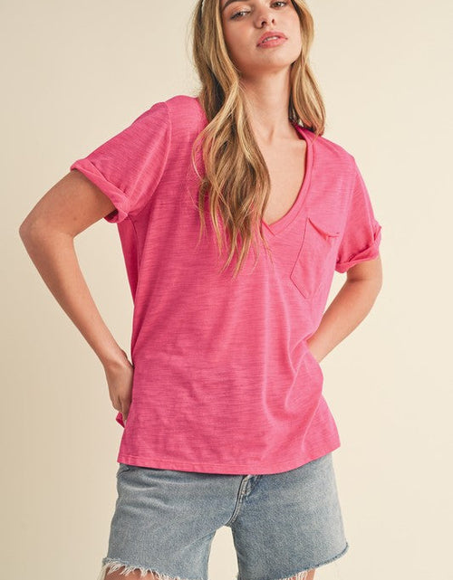 Load image into Gallery viewer, Aemi + Co Side Slit V-Neck Short Rolled Sleeve T-Shirt
